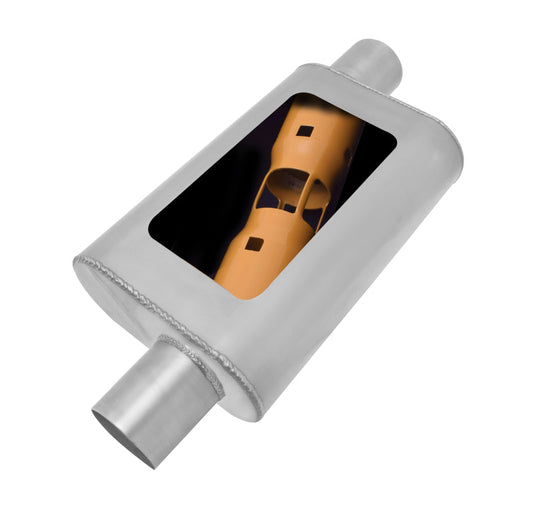 Gibson MWA Superflow Offset/Offset Oval Muffler - 4x9x14in/2.5in Inlet/2.5in Outlet - Stainless - Mammoth Racing -