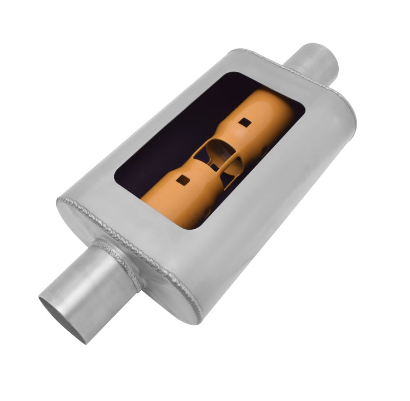 Gibson MWA Superflow Center/Center Oval Muffler - 4x9x14in/2.5in Inlet/2.5in Outlet - Stainless - Mammoth Racing -