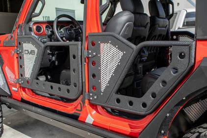 DV8 Offroad Jeep 18+ Wrangler JL / 20+ Gladiator JT Rear Rock Doors w/ Perforated Aluminum Mesh - Mammoth Racing -