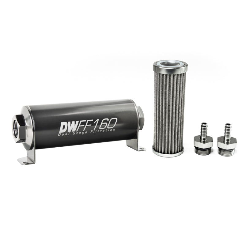 DeatschWerks Stainless Steel 5/16in 100 Micron Universal Inline Fuel Filter Housing Kit (160mm) - Mammoth Racing -