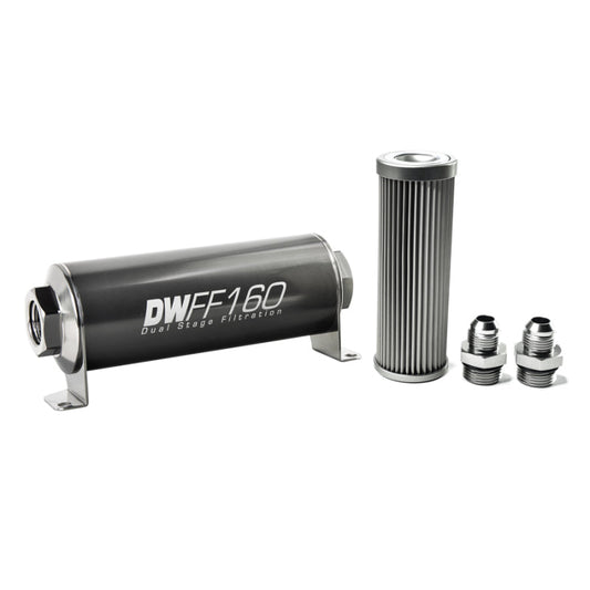 DeatschWerks Stainless Steel 8AN 10 Micron Universal Inline Fuel Filter Housing Kit (160mm) - Mammoth Racing -