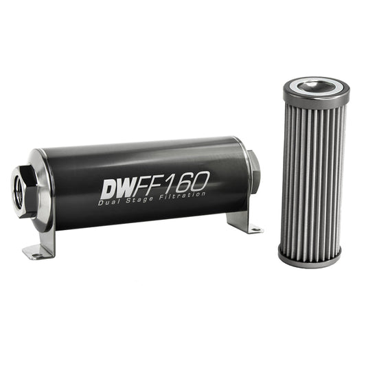 DeatschWerks Stainless Steel 8AN 40 Micron Universal Inline Fuel Filter Housing Kit (160mm) - Mammoth Racing -