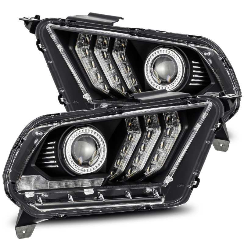 AlphaRex 10-12 Ford Mustang PRO-Series Projector Headlights Plank Style Jet Black w/Top/Bottom DRL - Mammoth Racing -