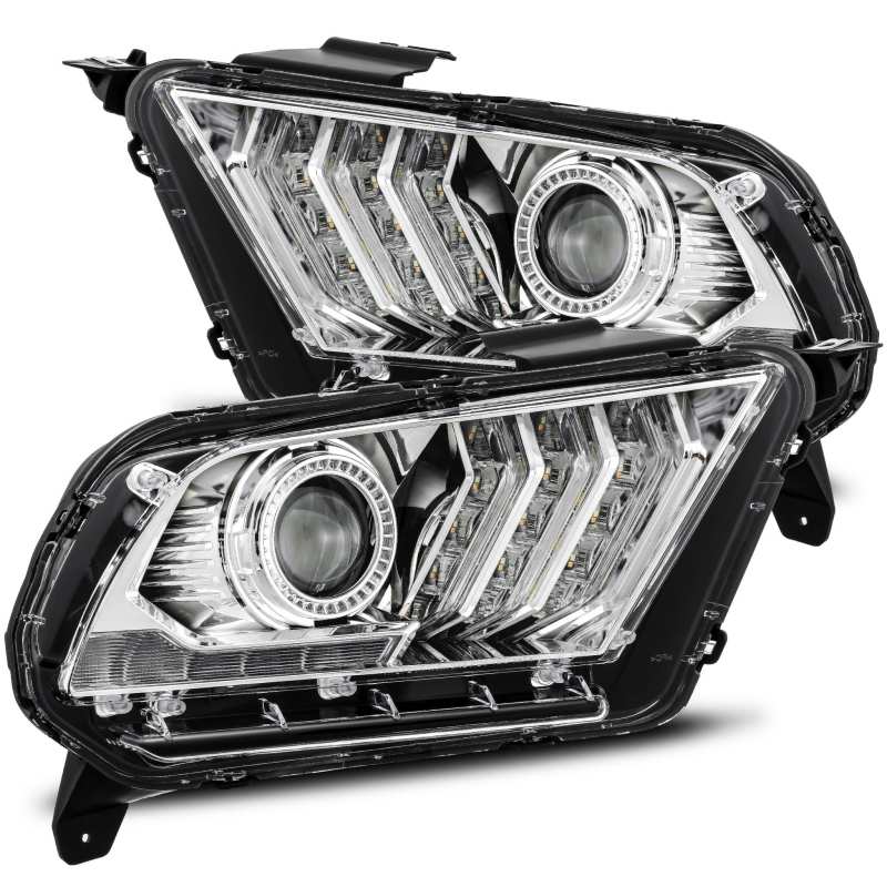 AlphaRex 10-12 Ford Mustang PRO-Series Projector Headlights Plank Style Chrome w/Top/Bottom DRL - Mammoth Racing -