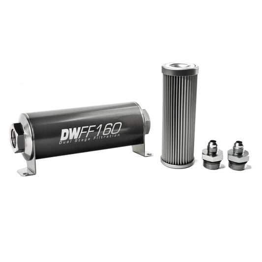 DeatschWerks Stainless Steel 6AN 10 Micron Universal Inline Fuel Filter Housing Kit (160mm) - Mammoth Racing -