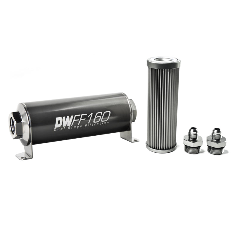 DeatschWerks Stainless Steel 6AN 10 Micron Universal Inline Fuel Filter Housing Kit (160mm) - Mammoth Racing -