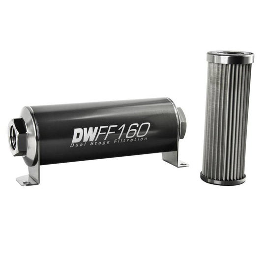 DeatschWerks Stainless Steel 8AN 10 Micron Universal Inline Fuel Filter Housing Kit (160mm) - Mammoth Racing -