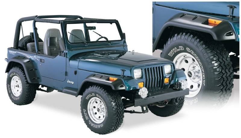 Bushwacker 87-95 Jeep Wrangler Cutout Style Flares 4pc Cutting Optional Not Renegade - Black - Mammoth Racing -