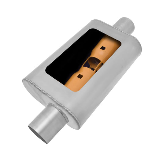 Gibson MWA Superflow Offset/Center Oval Muffler - 4x9x14in/3in Inlet/3in Outlet - Stainless - Mammoth Racing -